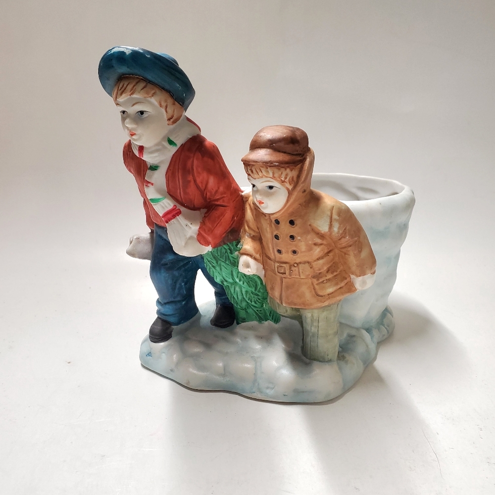 Vintage Ceramic Children Dragging Christmss Tree in Snow Planter MCM Charm